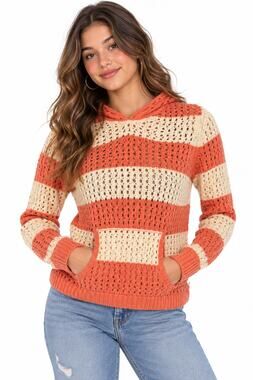 Pinc Premium Women’s Coral Cream Striped Crochet Hoodie Sweater Size L EUC